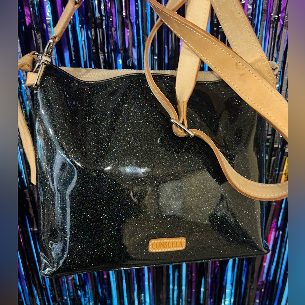 Consuela Black Glitter Crossbody with leather bag strap